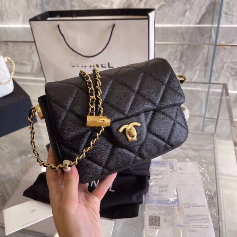 AAAA Replica | Chanel 21K Gold Small Square Leather Caviar Chain Square Bag