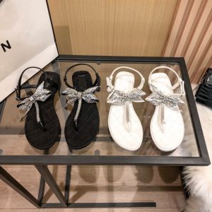 AAAA Replica Chanel Women Bow Rhinestone Flat Herringbone Sandals