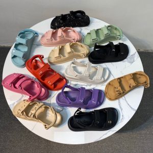 AAAA Replica Chanel Women Candy Color One-Line Velcro Print Letter Flat Sandals
