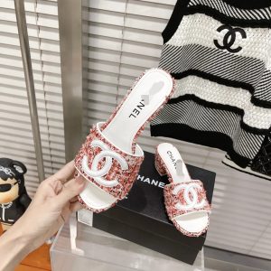 AAAA Replica Chanel Women Colorblock Thick Heel Tweed Slippers