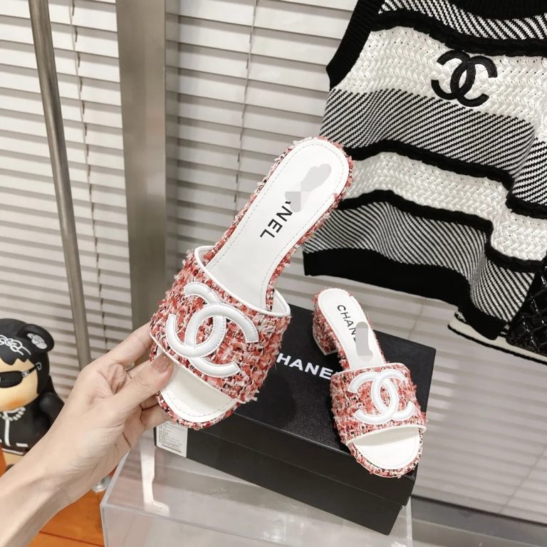 AAAA Replica Chanel Women Colorblock Thick Heel Tweed Slippers