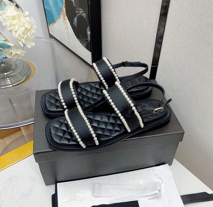 AAAA Replica Chanel Women Fashion Pearl Beaded Square Head Low Heel Flat Sandals