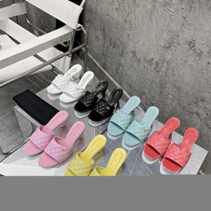 AAAA Replica Chanel Women One Word Thick Heel Metal Letter Slippers