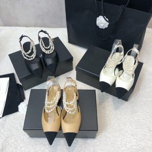 AAAA Replica Chanel Women Pointed Toe Pearl Chain Flat Sandals