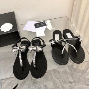 AAAA Replica Chanel Women Rhinestone Bow Flat Sandals