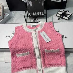 AAAA Replica Chanel Women Rhinestone Button Knit Tank Top