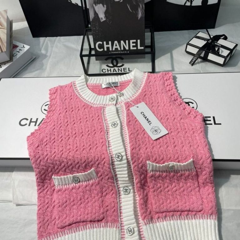 AAAA Replica Chanel Women Rhinestone Button Knit Tank Top