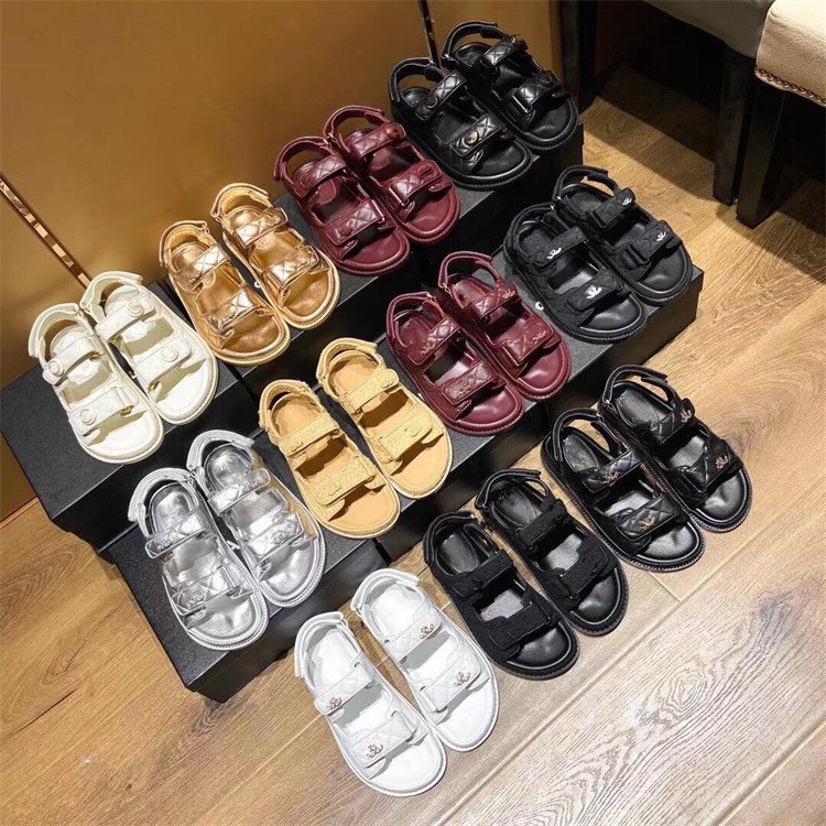 AAAA Replica Chanel Women Thick Bottom Velcro Casual Leather Flat Beach Sandals