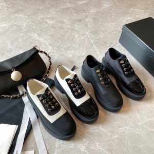 AAAA Replica Chanel Women Thick Heel Platform Lace-Up Round Toe Loafer Shoes