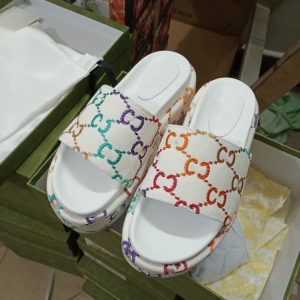 AAAA Replica Gucci Women Double G Embroidery Gradient Platform Slippers