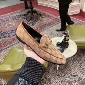 AAAA Replica Gucci Women Horseshoe Buckle Printed Letter Loafers