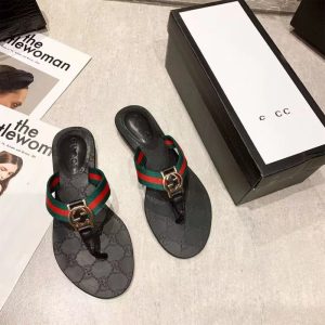 AAAA Replica Gucci Women Leather Flip Flops Flat Slippers Beach Shoes