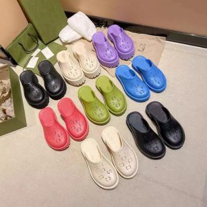 AAAA Replica Gucci Women Letter Thick Bottom Hole Flat Slippers