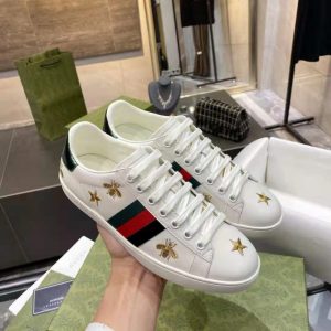 AAAA Replica Gucci Women Men Small Bee White Couple Embroidery Sneakers
