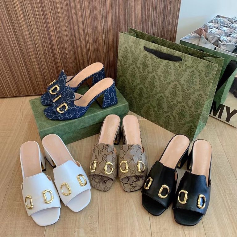 AAAA Replica Gucci Women Metal Thick Heel Square Toe Candy Color Slippers