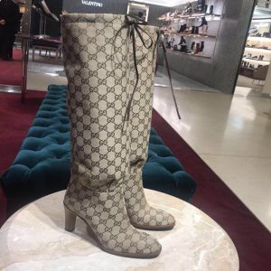 AAAA Replica Gucci Women Printed Round Toe Chunky High Heel Knee Statement Boots