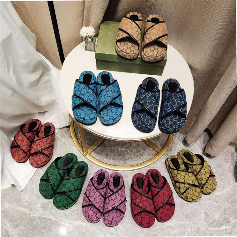 AAAA Replica Gucci Women Thick Bottom Color Matching Cross Slippers