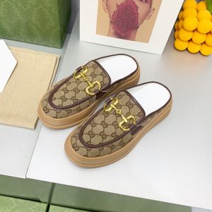 AAAA Replica Gucci Women Thick Bottom Embossed Metal Buckle Slippers Loafers