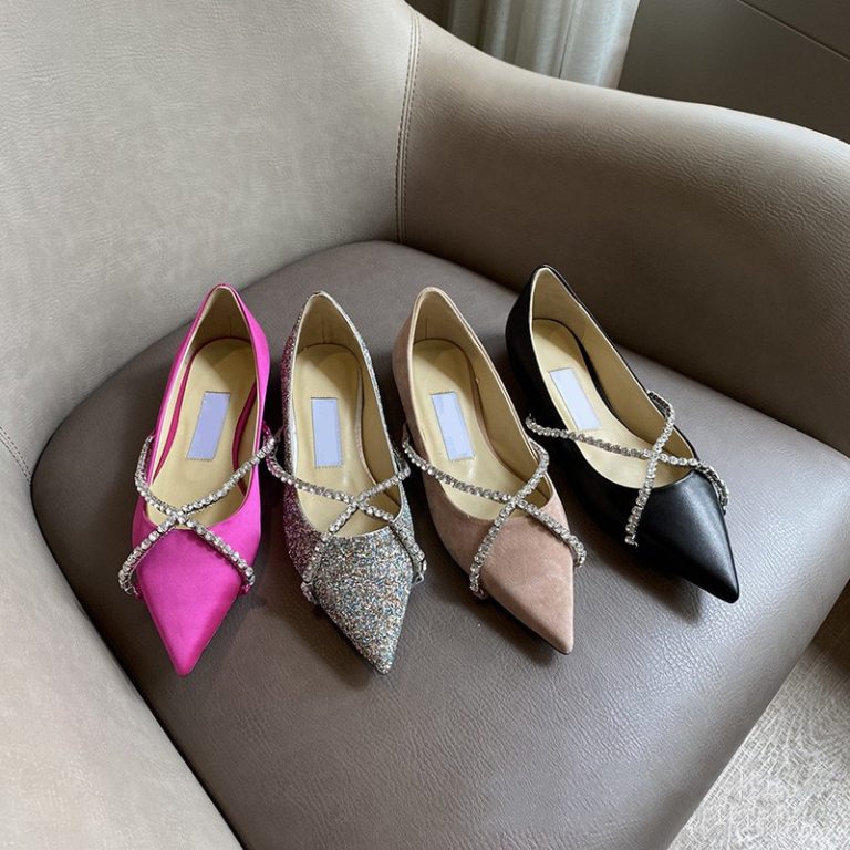 AAAA Replica Jimmy Choo Rhinestone Cross Strap Pointed Toe Bullet Flats Shoes