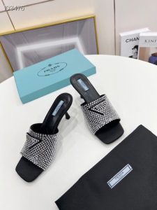 AAAA Replica Prada Rhinestone Square Toe Open Toe All-Match Stiletto Slippers