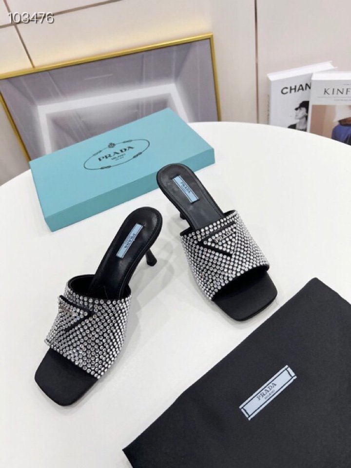 AAAA Replica Prada Rhinestone Square Toe Open Toe All-Match Stiletto Slippers