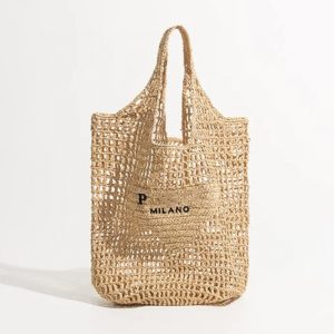 AAAA Replica Prada Women Hollow Woven Raffia Handmade Tote Bag