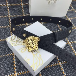 AAAA Replica Versace Men Leather Belt With Brass Rivet Buckle